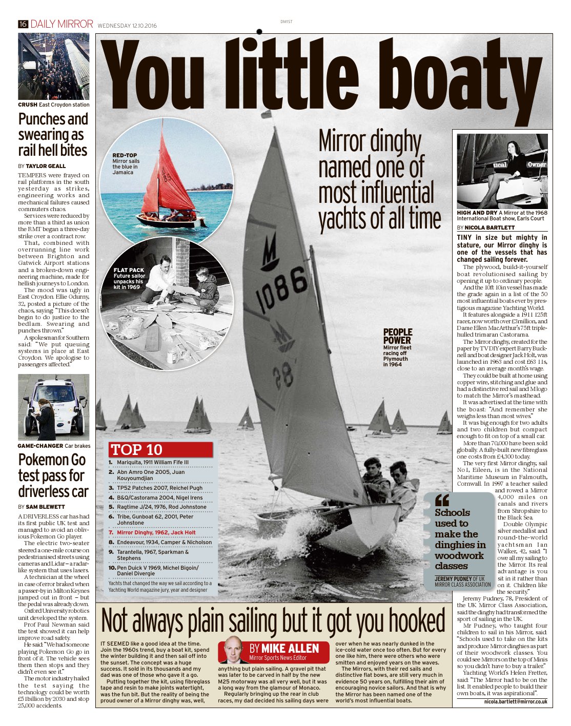 Page 16 of the Daily Mirror with article and photos of the Mirror Dinghy